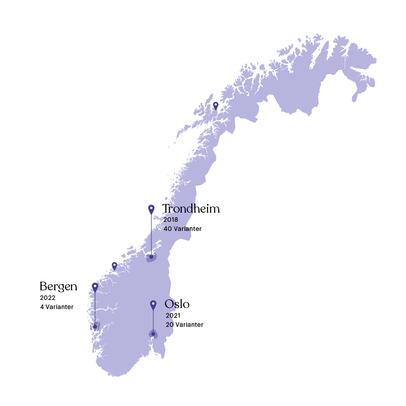 Kart over kontorer i Trondheim, Bergen og Oslo.